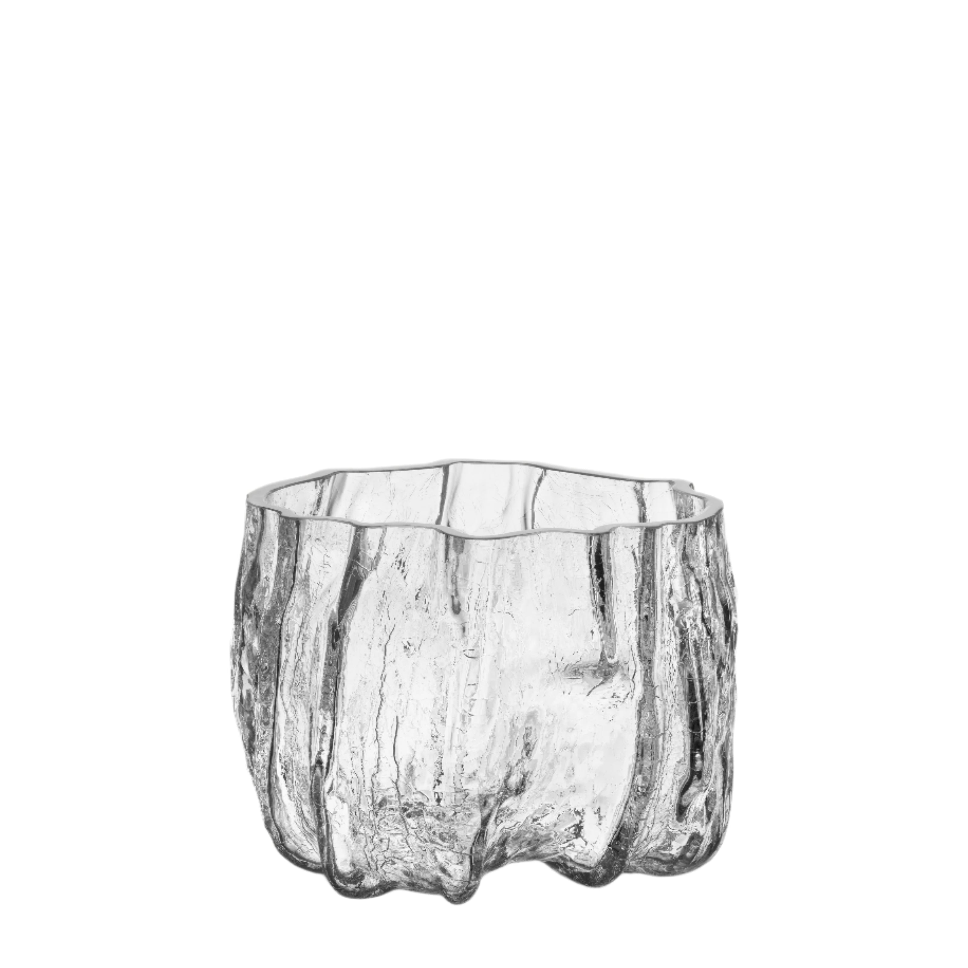 Clear glass vase with textured surface on a white background