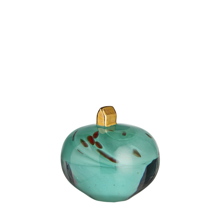 Green glass object with a gold cap on a white background