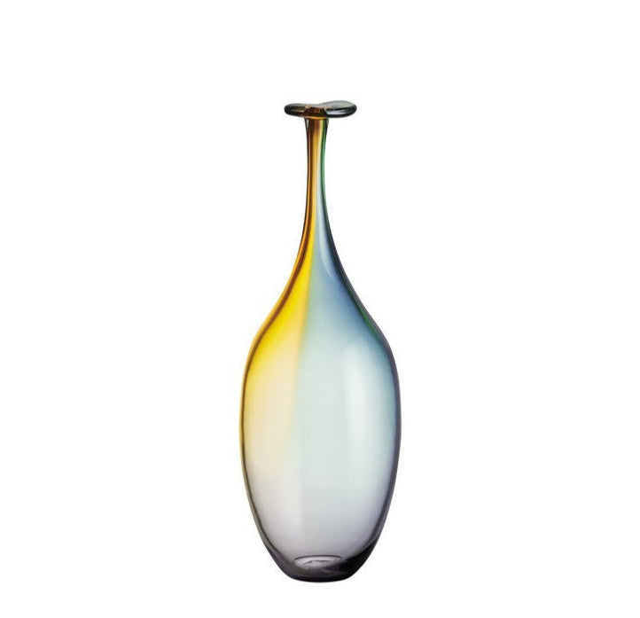Gradient glass vase with yellow and blue colors on a white background