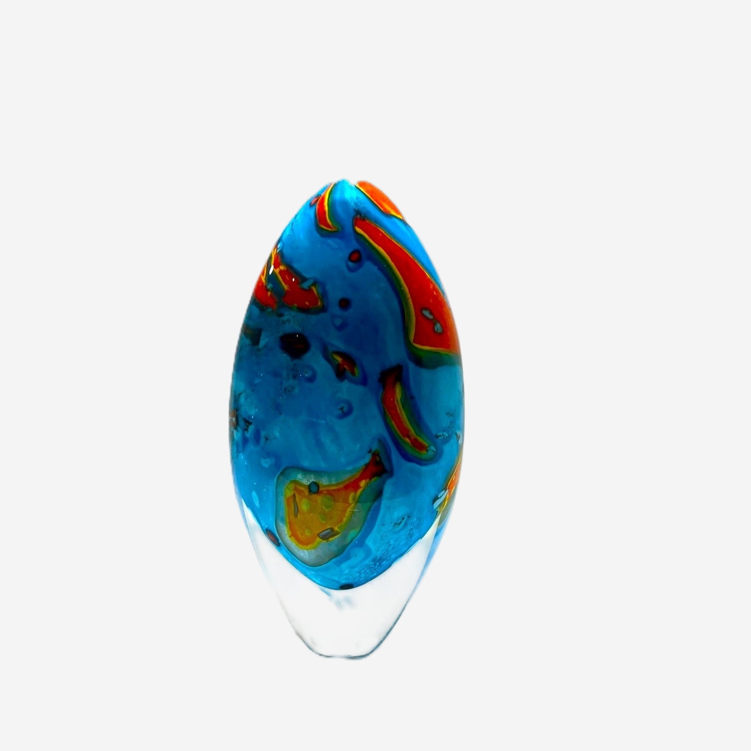 Colorful glass pendant with abstract design on a white background