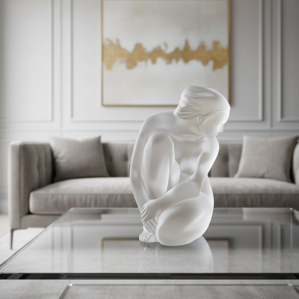 Lalique clear glass sculpture of a seated nude female figure, shown on a plain white background.