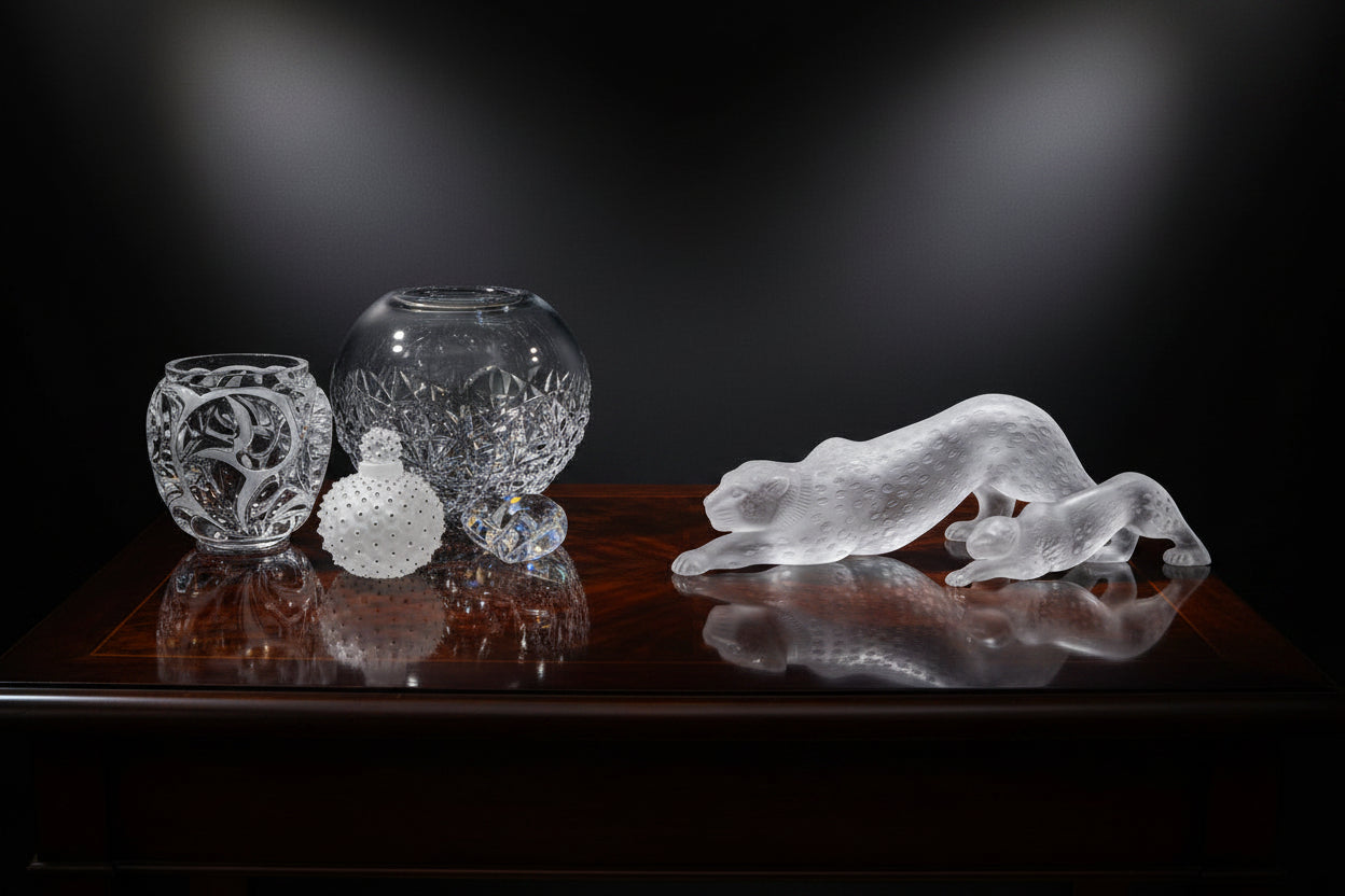 A collection of clear glass decorative items displayed on a white shelf against a black background, including a large round glass bowl, a patterned glass vase, a textured glass container, a small sculptural glass piece, and a frosted glass animal figurine.