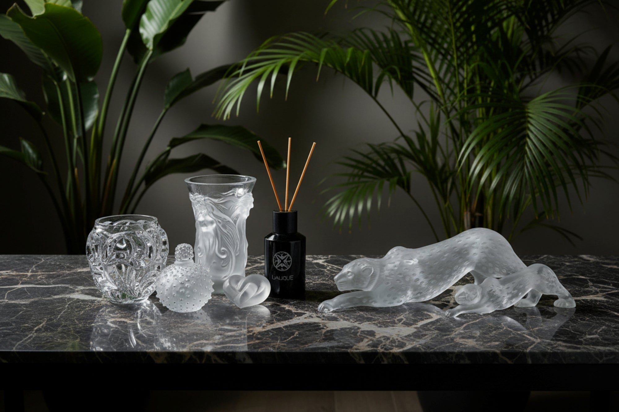 Lalique vases, cactus perfume bottle. Zeila panther