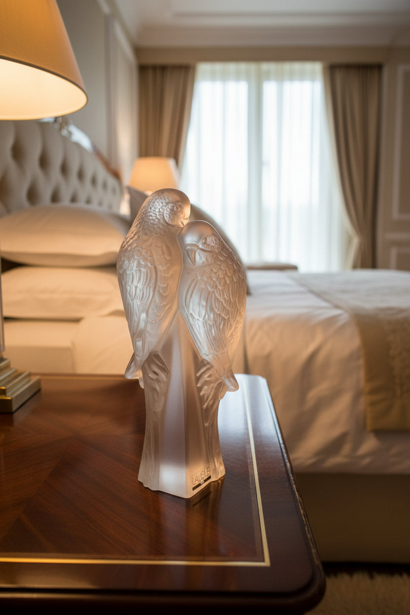Lalique two Parakeets Crystal parrot figurine on a black background