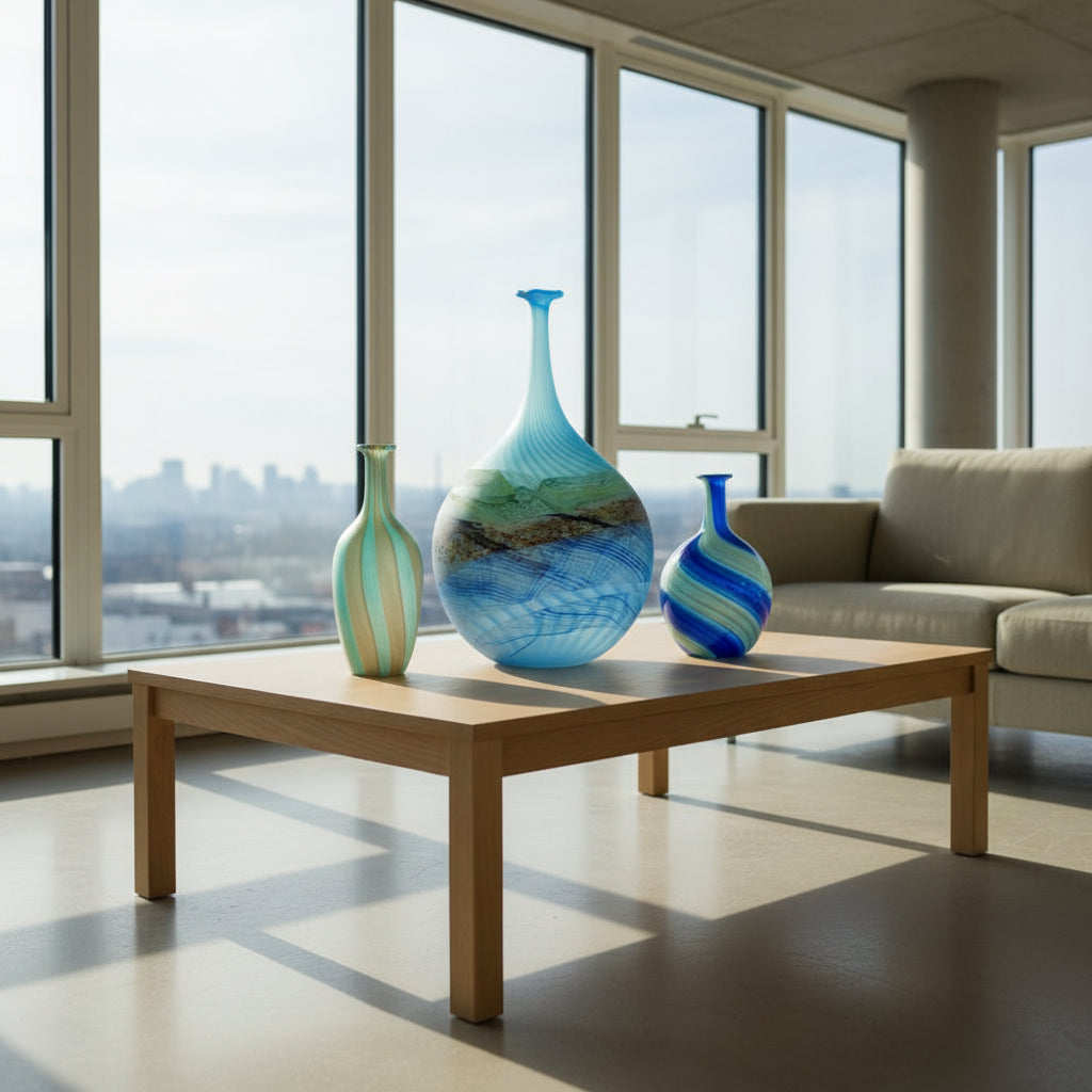 Glass vase with blue and green patterns on a white background