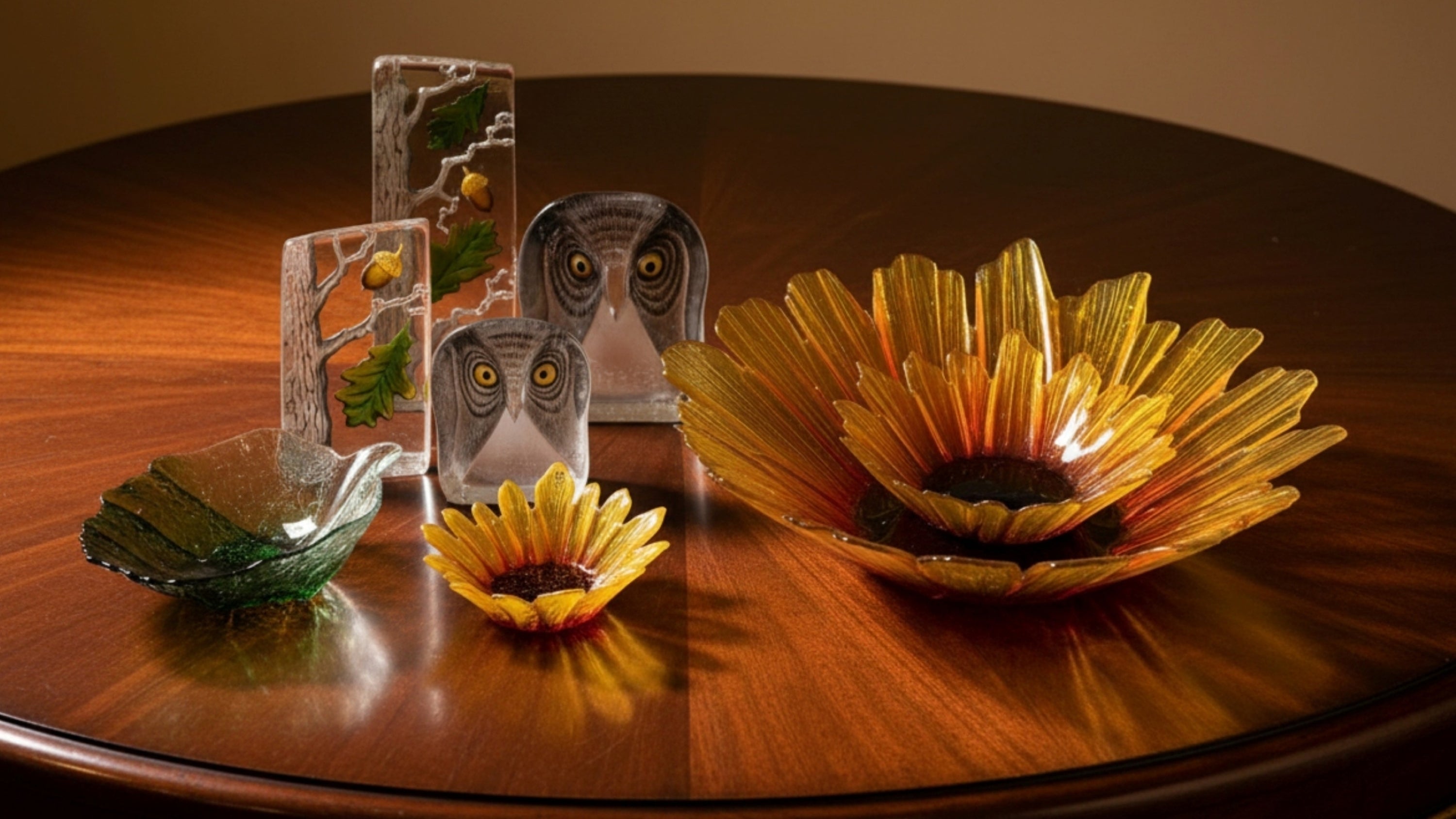 Maleras glass collection of hand-blown  decorative items Sunflower bowls, oat tree crystal sculpture , Owls 