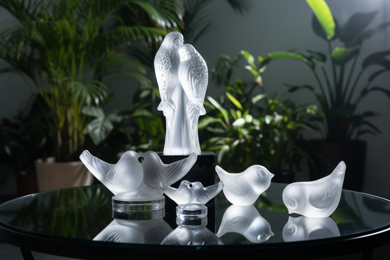 Lalique white and frosted glass bird figurines displayed on a white shelf against a black background.