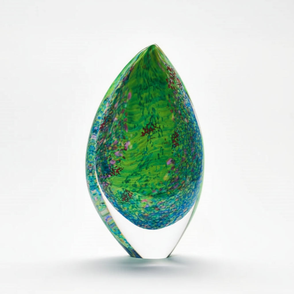 Teardrop-shaped glass sculpture with green and blue pattern on a white background
