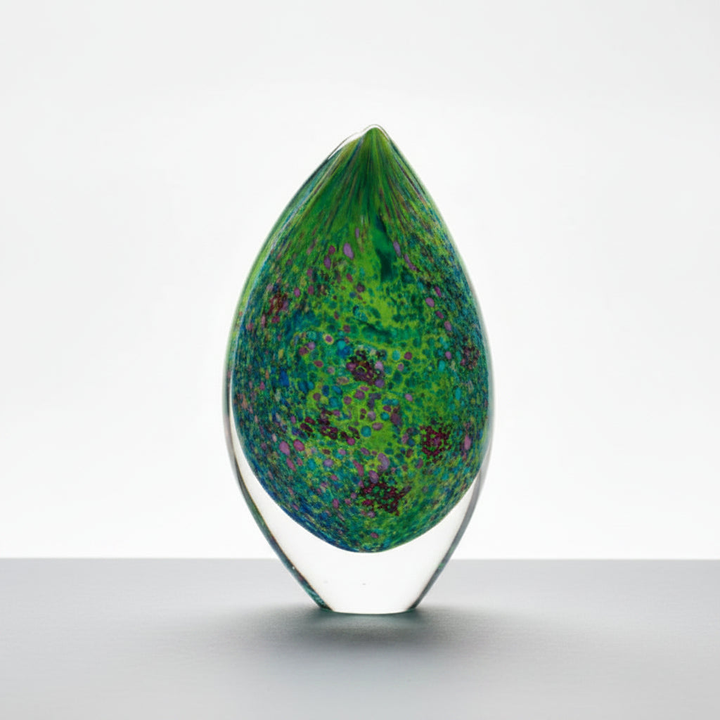 A tall, teardrop-shaped glass sculpture with green and blue colors, featuring a pattern of leaves and reeds with pink, lilac, and red accents.