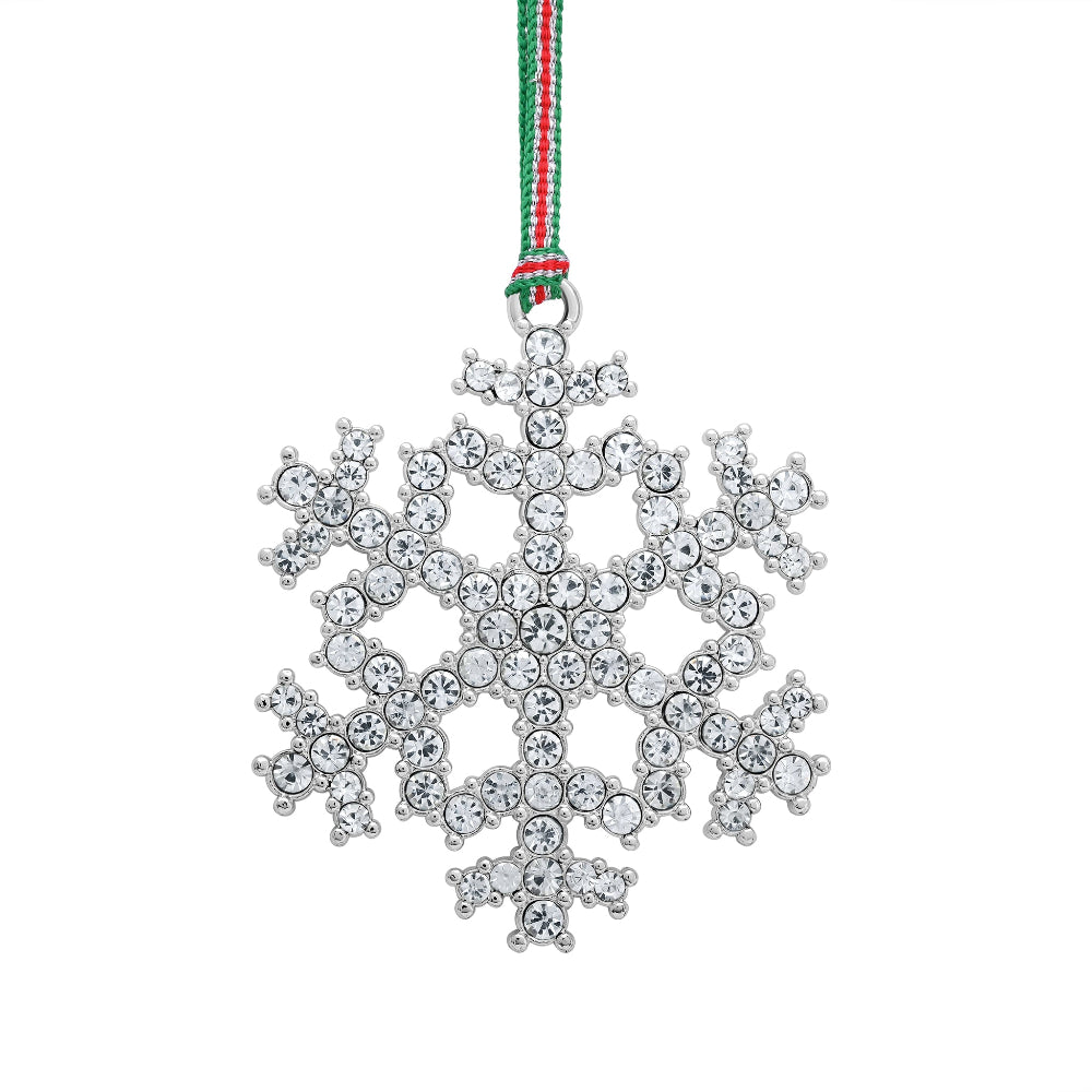 A silver snowflake-shaped Christmas ornament decorated with clear rhinestones, hanging from a green, red, and white striped ribbon on a plain white background.