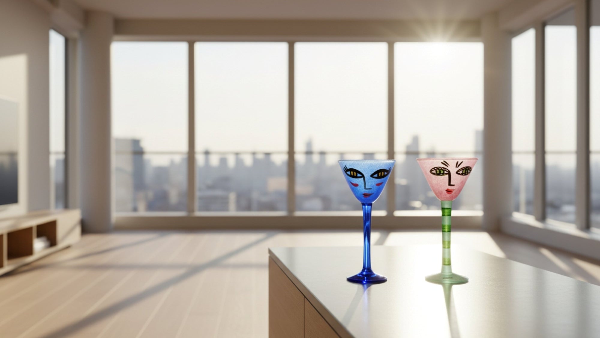 Open Minds by Kosta Boda  hand-painted glass goblets with stylized faces, one in blue and the other in pink, d