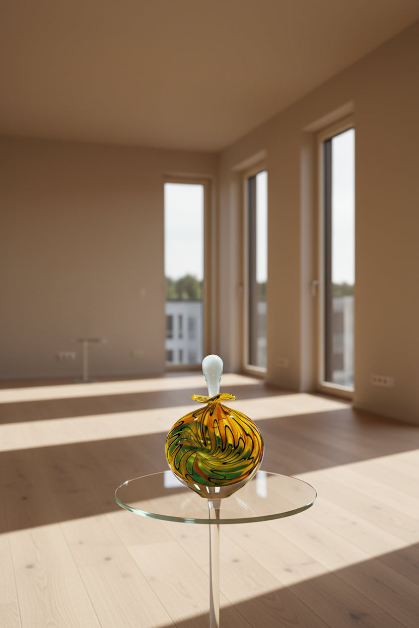 Decorative glass ornament with swirling pattern on a white background