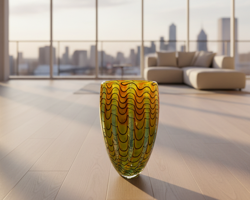 Peter Layton's Glass vase with wavy pattern on a white background