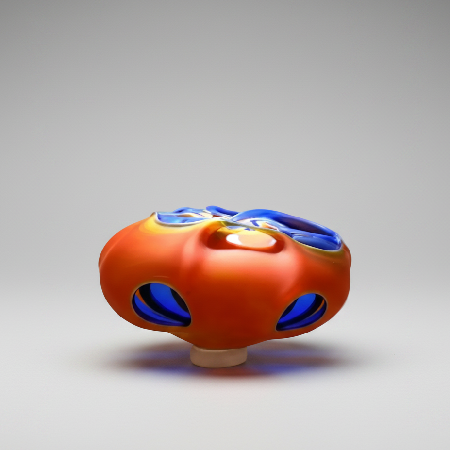 Peter Layton's glass object with blue accents on a white background