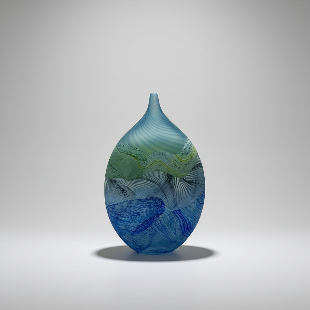 Thomas Petit Blue and green glass vase on a white platform with a neutral background