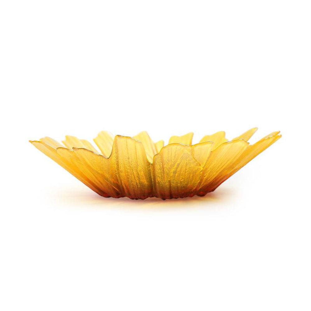 Swedish glass SunflowernYellow leaf-shaped bowl on a white background