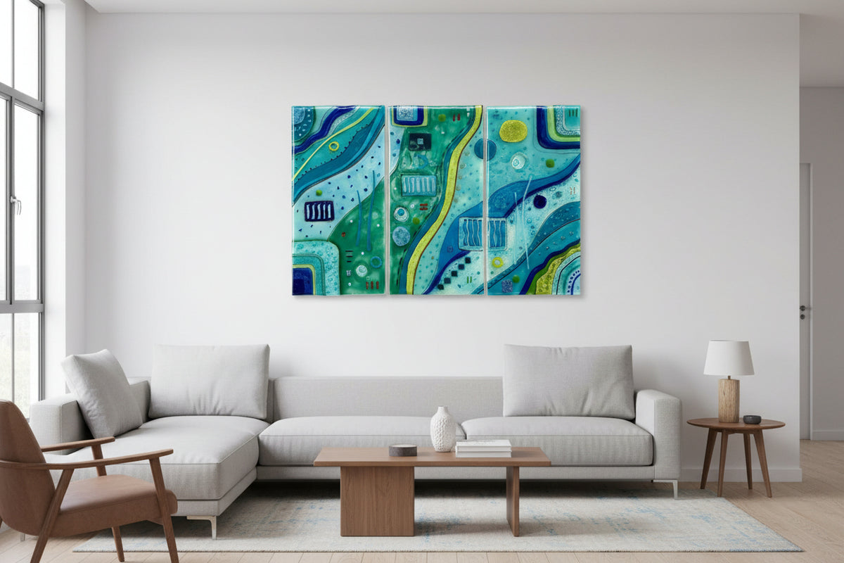 Emma Wood Glass Wall Art - Tryptic Abstract blue-green XL
