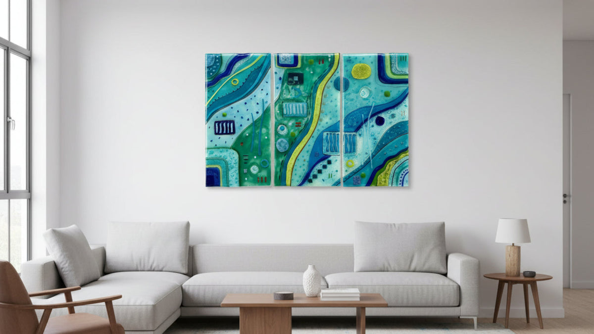 Emma Wood Glass Wall Art - Tryptic Abstract blue-green XL