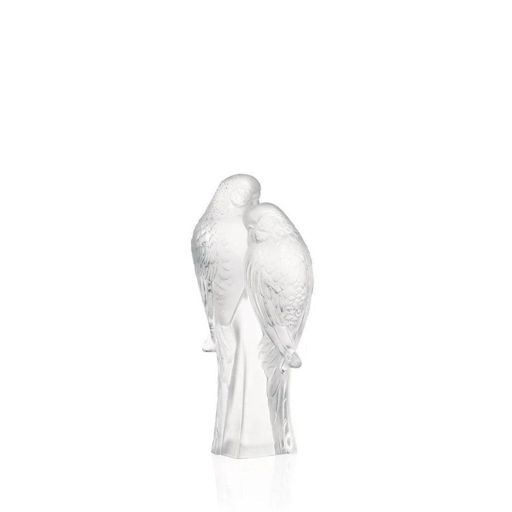 Clear glass sculpture of two birds Paraqeets embracing on a white background