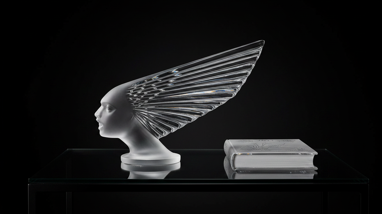 Lalique Victoire crystal head with winged design on a white background