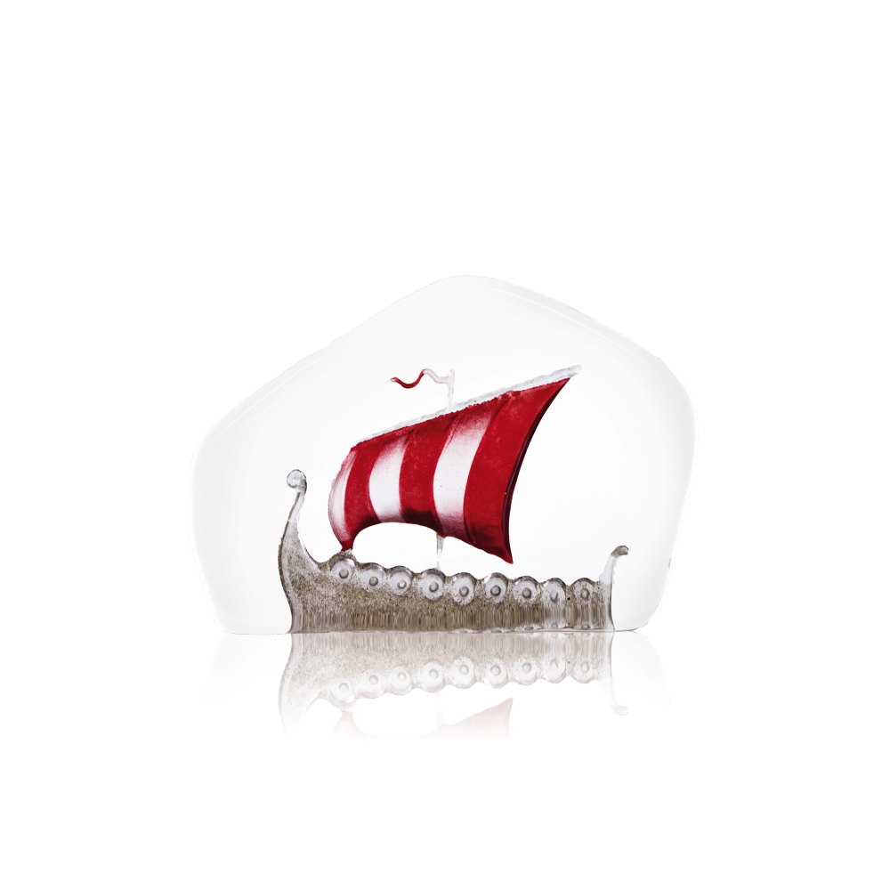 Decorative glass Viking ship with a red sail on a white background