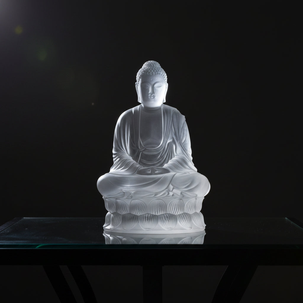Lalique glass Buddha statue seated in a meditative lotus pose on a white background with a soft reflection below.
