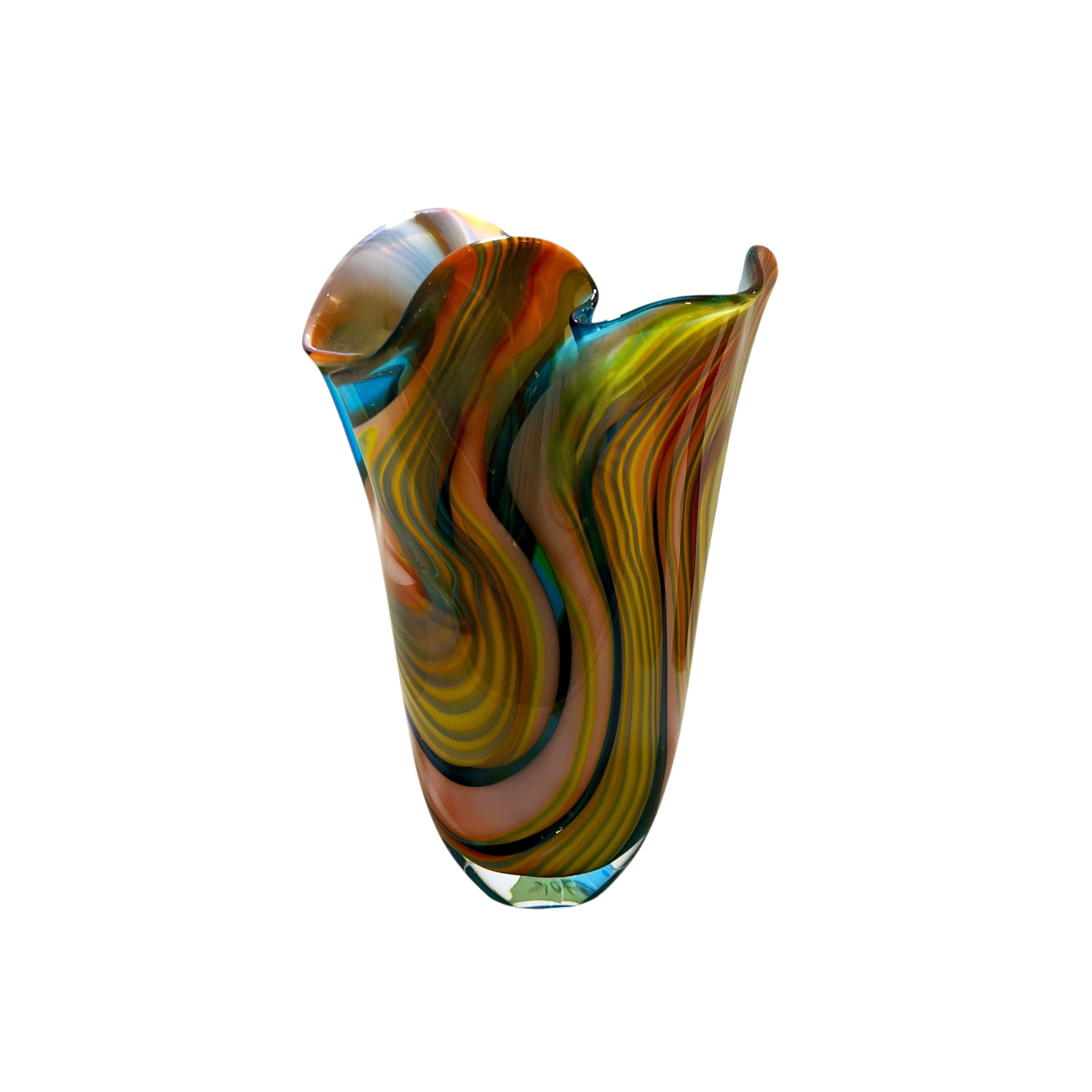Colorful glass vase with swirling patterns on a white background