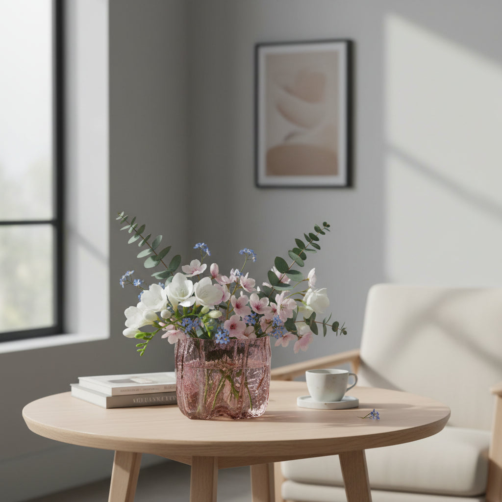 Pink glass vase with textured surface on a white background