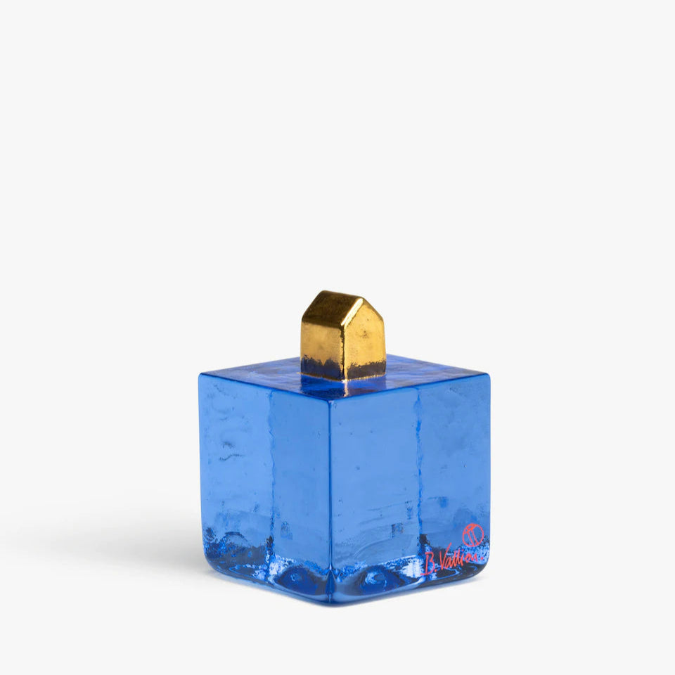 Fortress cube blue glass sculpture by Bertil Vallien