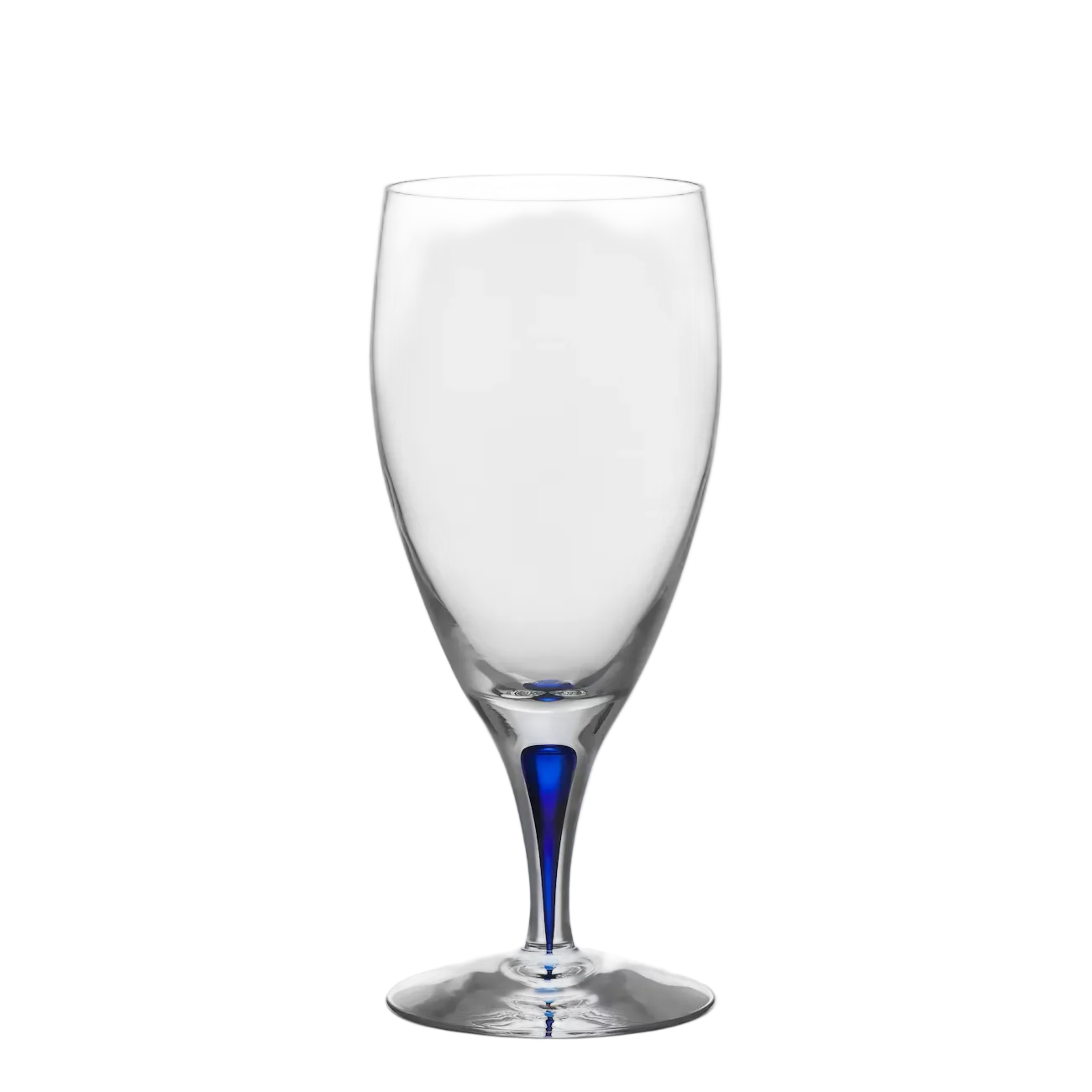 Clear beer/water glass with a blue accent on a white background