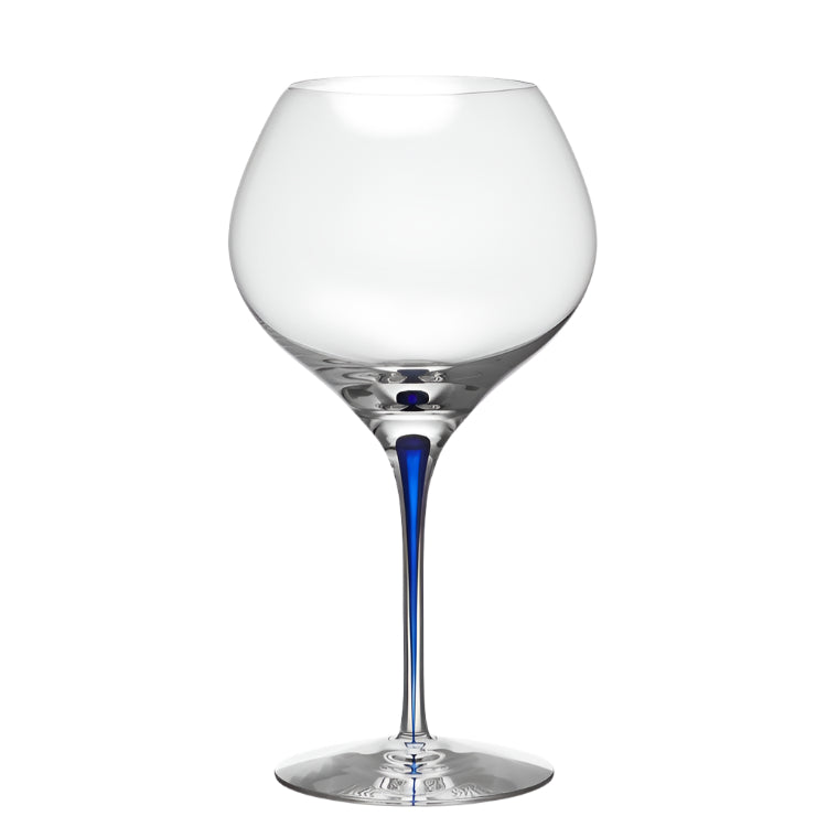 Clear glass wine glass with a blue accent on a white background