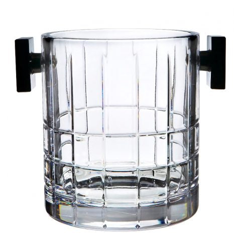 A clear glass ice bucket with rectangular cuts and black handles.