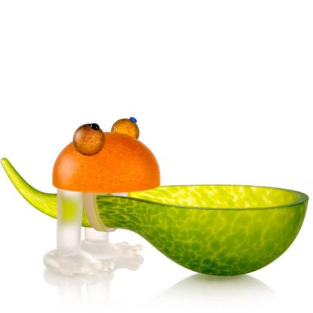 A lime green glass bowl with an orange frog design on the edge, displayed against a white background.