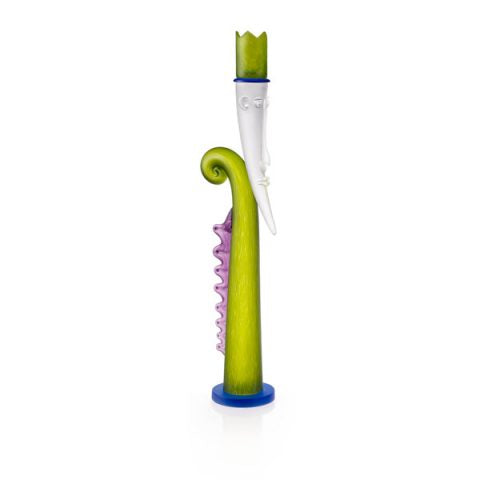 A lime green candlestick with a unique design, featuring a blue base and a purple pattern near the top.