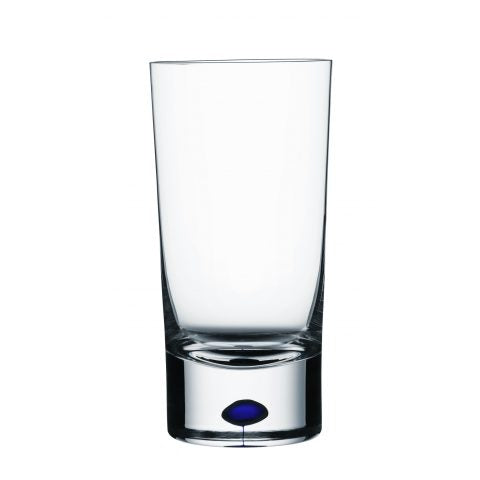 A clear glass highball glass with a blue detail at the base.
