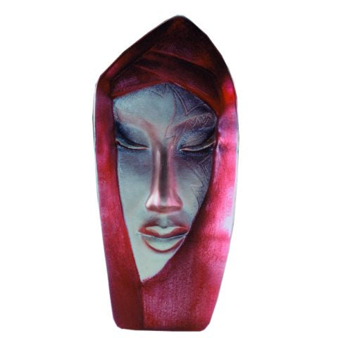 A red sculpture with a hooded figure face, symbolizing beauty and love.