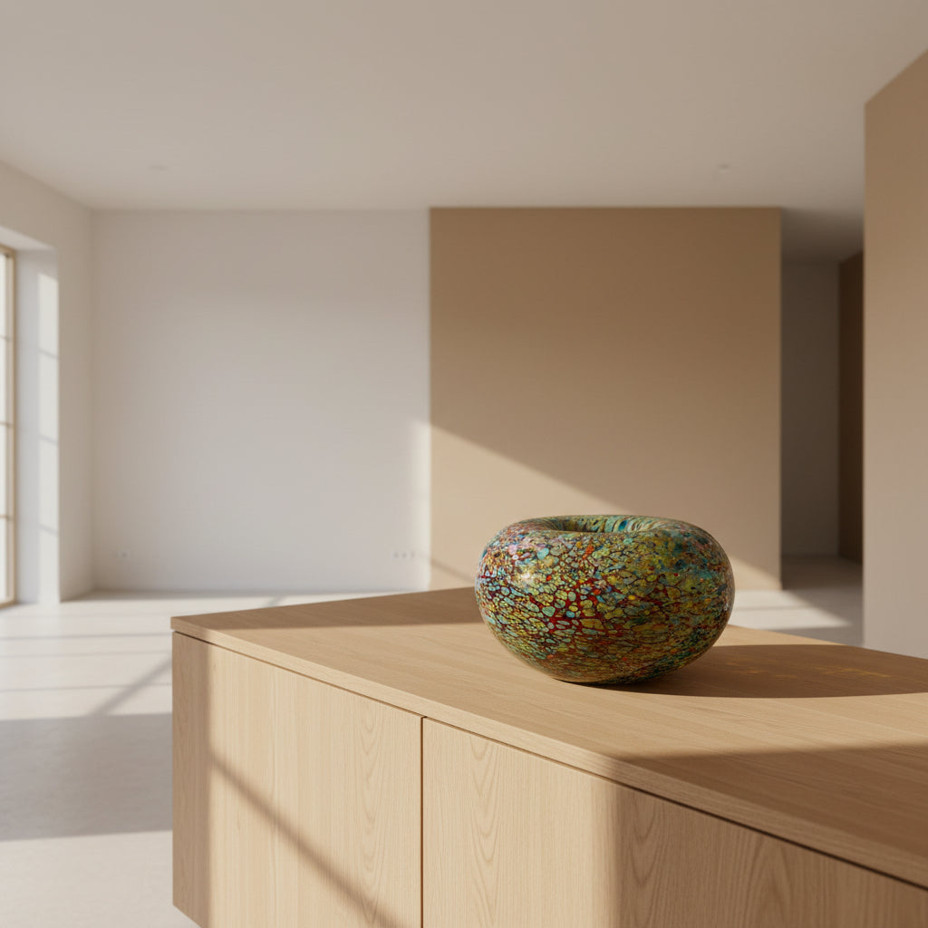 Multicolored glass bowl on a white surface with a blurred background
