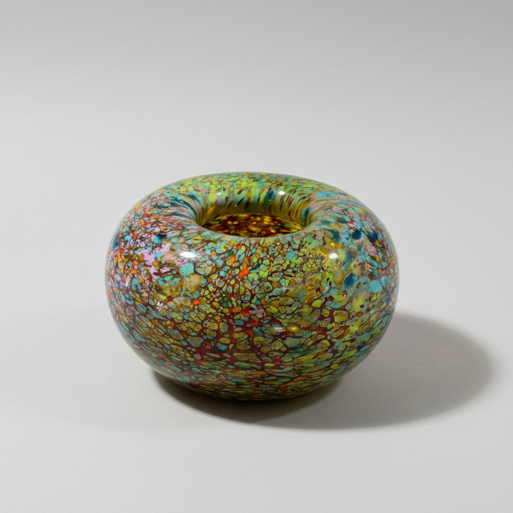 Multicolored glass bowl on a white surface with a blurred background