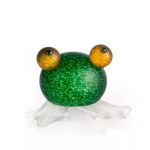 Glass frog figurine with green body and brown eyes on a white background